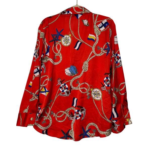 Zara Nautical Print Satin Blouse in Red size Large - Picture 9 of 10